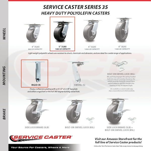 5 Inch Polyolefin Caster Set With Ball Bearings 2 Swivel 2 Rigid